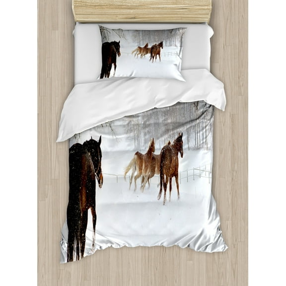 Winter Duvet Cover Set Twin Size, Horses in the Snow Playing Having Fun in the Forest Seasonal Animal Photography, Decorative 2 Piece Bedding Set with 1 Pillow Sham, Brown White, by Ambesonne