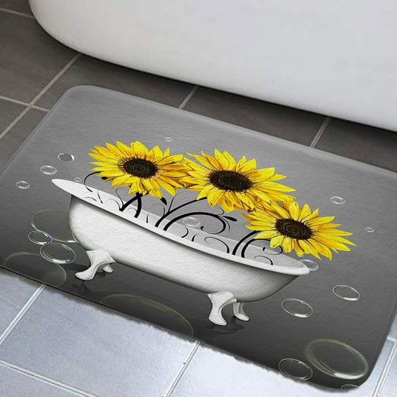Sunflower Bathroom Rug Mat, Sunflowers in White Bathtub Bubbles Non-Slip Bath Carpet, Grey Sunflower Bathroom Rugs Set,Cute Yellow Grey Sunflower Bathroom Rugs Shower Mat Kitchen Rug(17"X29")