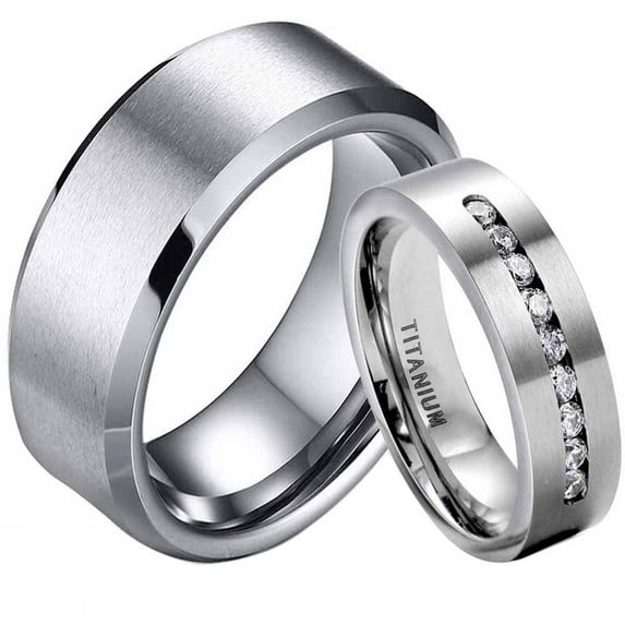 2 Matching Rings Titanium Couple Rings AAA CZ Wedding Ring for Women Men Wedding Band