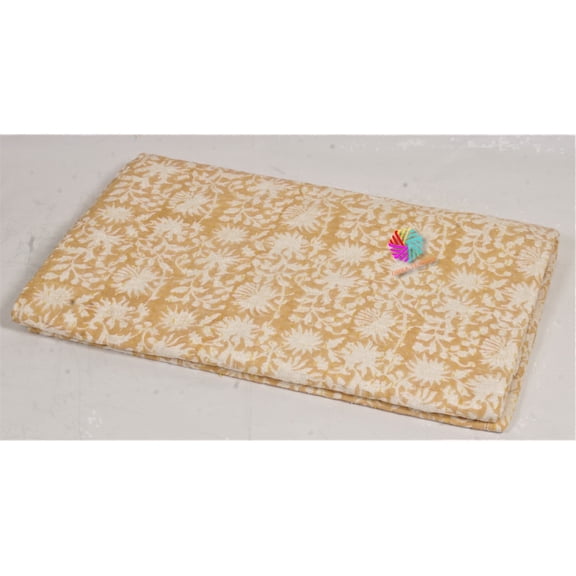 Ozark Textile Mustard Floral Block Print Indian Kantha Quilt Handmade Cotton Bedspread Artisan Stitched Indian Blanket Boho Decor
