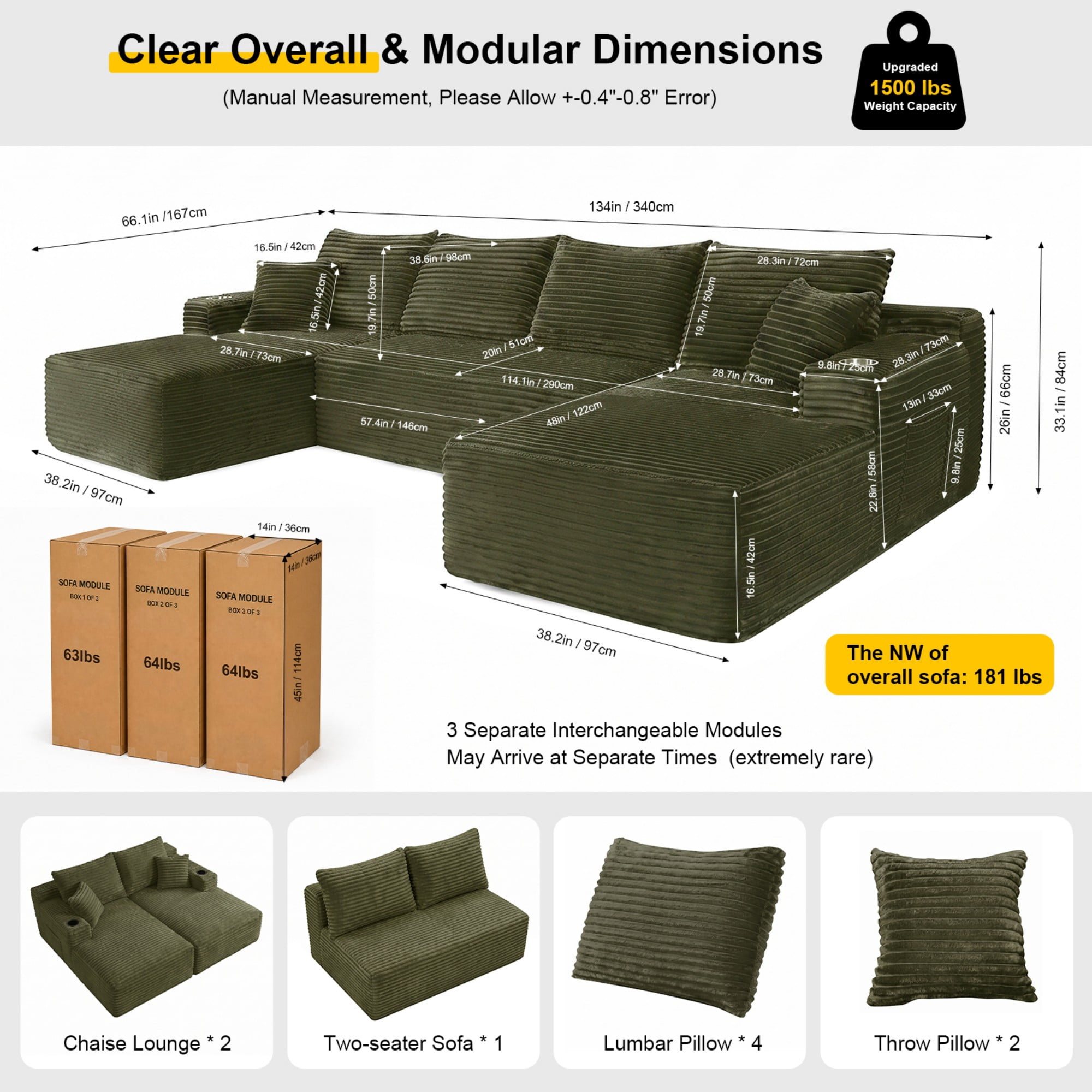 DEALTOPS 134" Corduroy U-Shape Modular Cloud Couch, Double Chaise Sectional Sofa with Cup Holders, Green