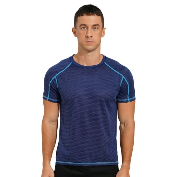 Moggemol Men's Rash Guard Swim Shirts Short Sleeve UPF 50+ Swimming Top Gym Workout Muscle Tee Tops Dark Blue M