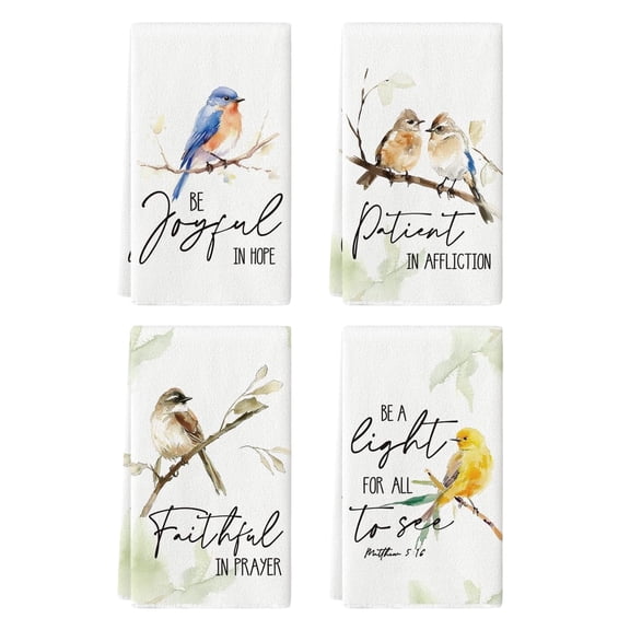 MORAVE Set of 4 Floral Leaves Branch Bird Kitchen Dish Towels, 18x26 Inch Summer Decorative Hand Towels