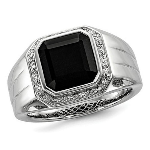 Mens Black Onyx Ring with Accent Diamonds in Rhodium Plated Sterling Silver