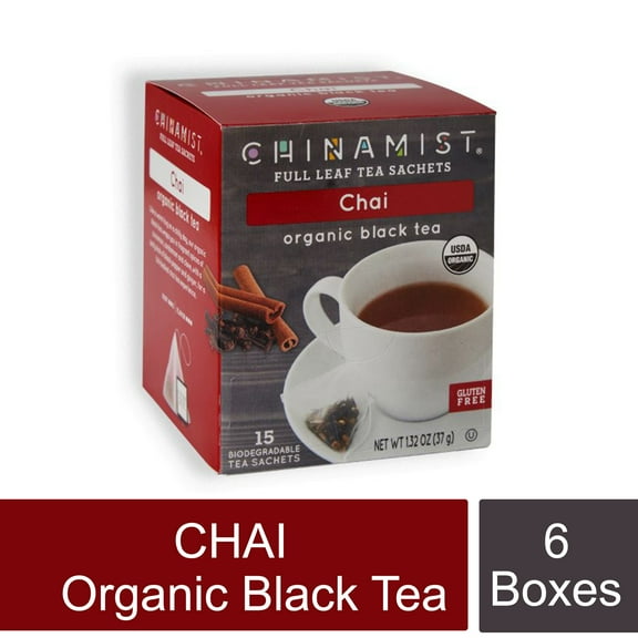 China Mist Chai Organic Black Full Leaf Tea Sachet, 15 count each 6 Boxes