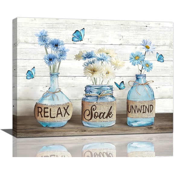 Farmhouse Bathroom Decor Wall Art Rustic White Daisy Flower Bathroom Pictures Canvas Print Country Bathroom Relax Soak Unwind Sign Artwork Aesthetic Home Decor for Bathroom Framed 8""x12""