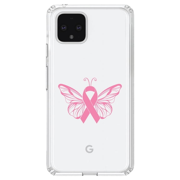 DistinctInk Clear Shockproof Hybrid Case for Google Pixel 4 XL (6.3" Screen) - TPU Bumper Acrylic Back Tempered Glass Screen Protector - Pink Ribbon Cancer - Butterfly