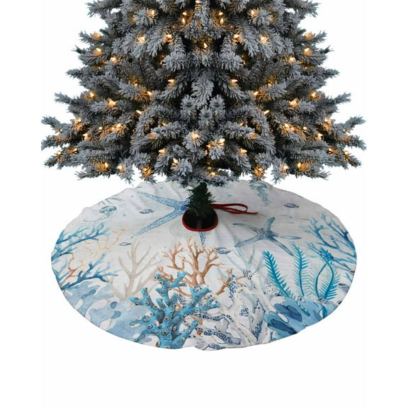Blue Coastal Christmas Tree Skirt 36 Inches Large Christmas Skirt Tree, Nautical Starfish Ocean Beach Seaside Tree Skirt Christmas Decorations for Fireplace Party Holidays Indoor Outdoor
