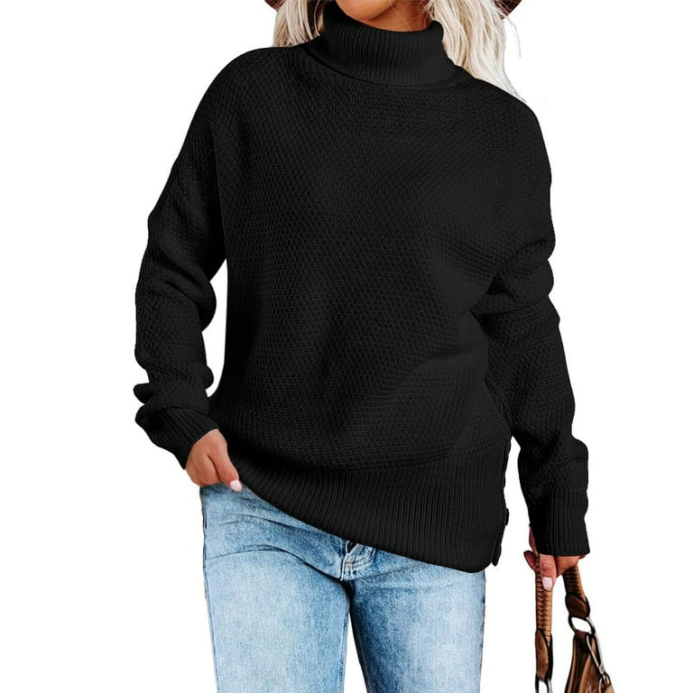 Sherrylily Women Turtleneck Sweater Long Batwing Long Sleeve Side Split  Button Chunky Knit Pullover