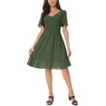 thumbnail image 2 of INSPIRE CHIC Women's Midi Flowy Chiffon Dresses Summer Smocked V Neck Flutter Short Sleeve Ruffle Casual Mini Dress Army Green S, 2 of 5