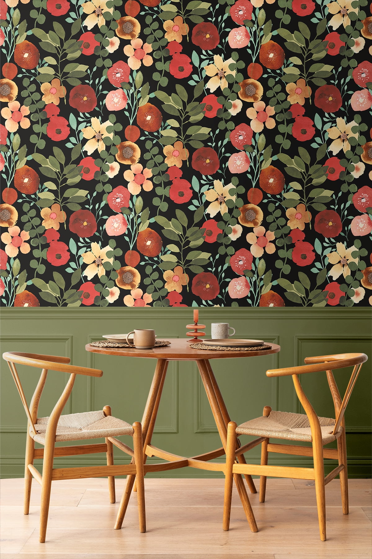 NextWall Jet Black & Ruby Garden Dance Peel and Stick Wallpaper