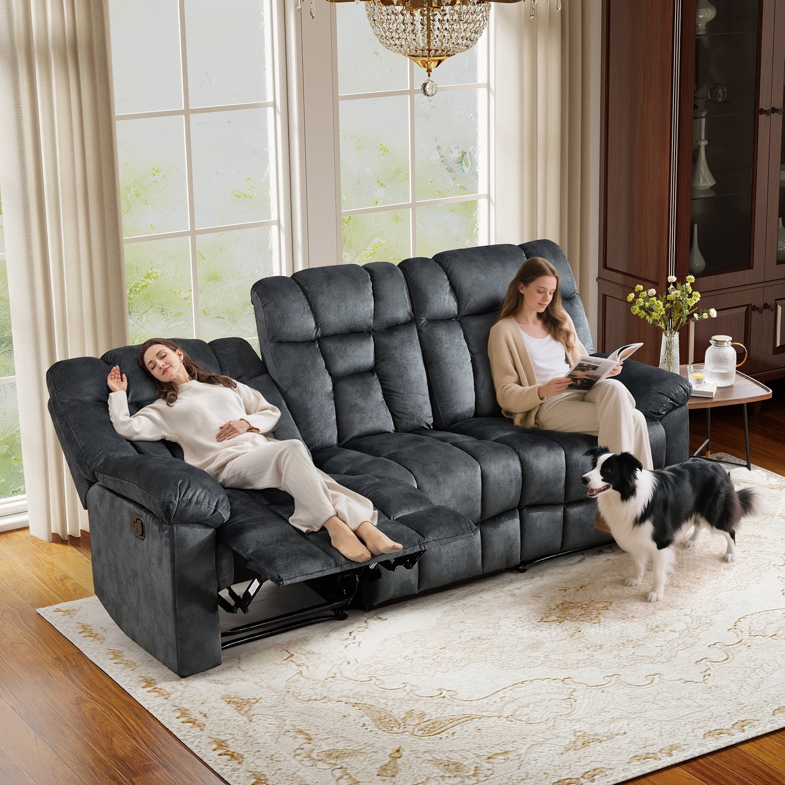Bonzy Home Manual 3-Seat Reclining Sofa — Wide Backrests & Headrests, Gray