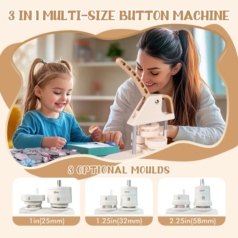 Button Maker Machine, 1''+1.25''+2.25'' (25/32/58mm) 3-in-1 Pin Maker Machine Kit, Installation-Free DIY Badge Machine with 300pcs Button Parts