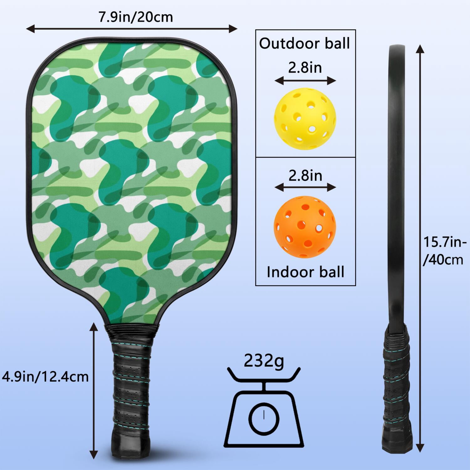 Pickleball Paddles Set Of 1, Fiberglass Surface, Camouflage Print, 1 Paddle, 2 Balls & Bag