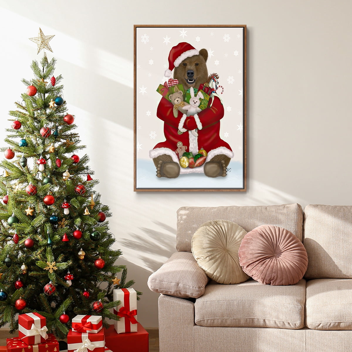 Christmas Christmas Present Bear Hug - Framed Gallery Wrapped Holiday Canvas - 25 x 37 - Rosewood Frame