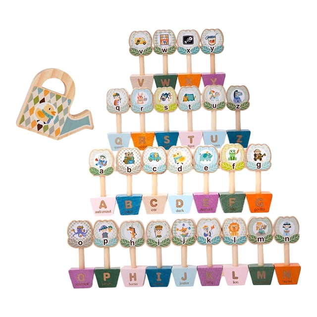 Juego de construcción de bloques de madera con flores, ortografía, reconocimiento de , letras del alfabeto para niños pequeños, juguetes de