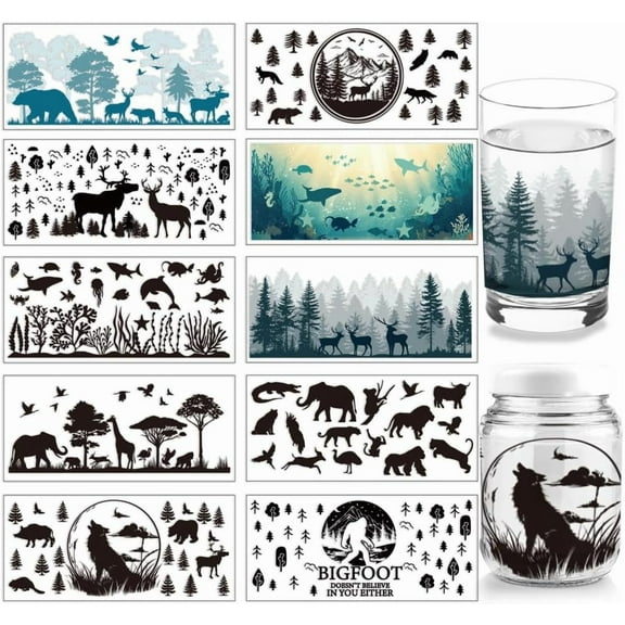 10 Sheets Animal Silhouettes UV DTF Cup Wrap Deer Woof Ocean Fishes Rub on Decals Forest Bird Waterproof PVC Transfer Stickers for DIY 16OZ Glass Cups