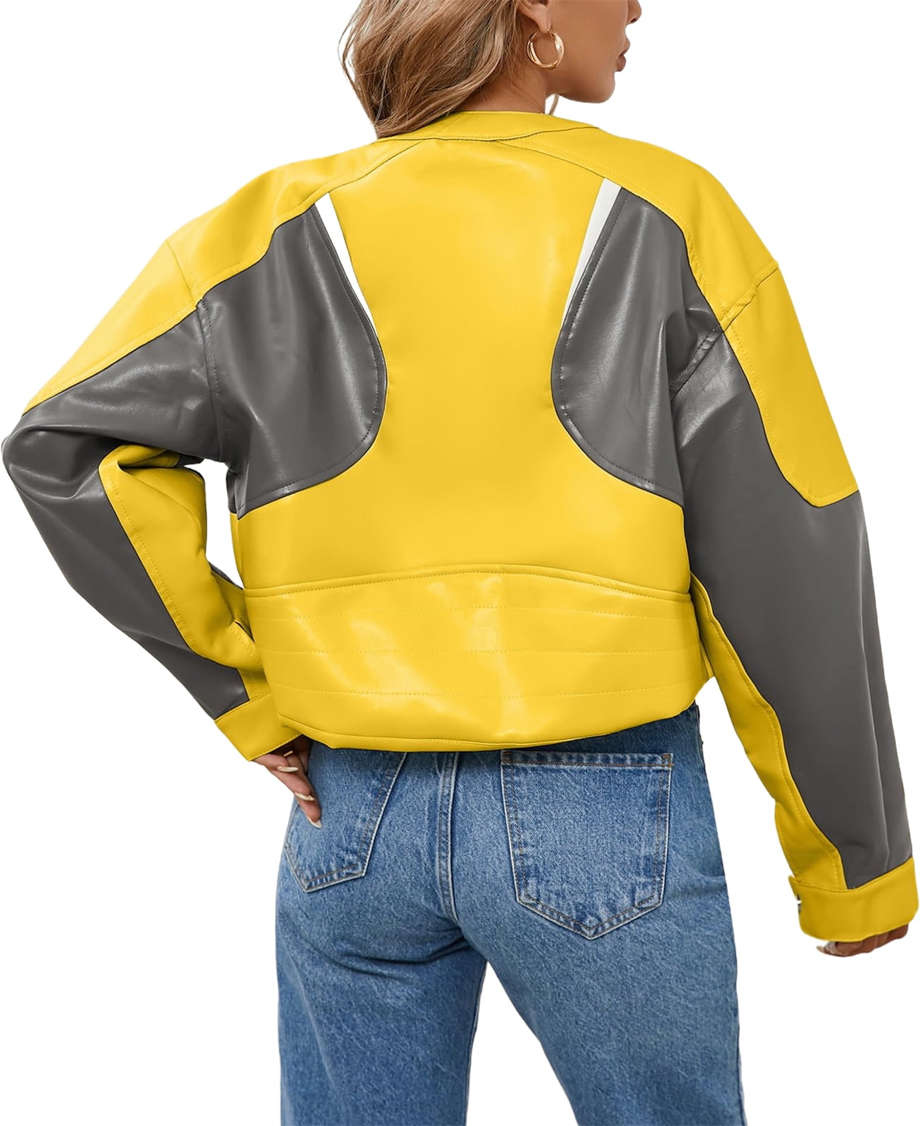 Womens Faux Leather Bomber Jackets Cropped Zip Up Color Block Fall Casual Moto Biker Coats