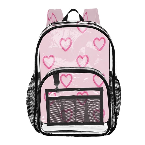 Large Clear PVC Backpack Heavy Duty See Through Backpack for Adults Work Travel, Pinkheart Printed 12L
