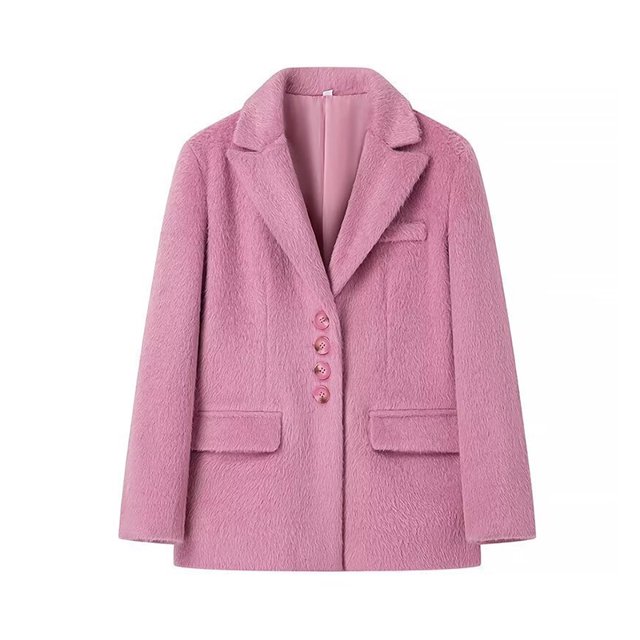 Chaqueta de lana rosa con bolsillos y solapa para mujer, abrigo elegante de manga larga, holgado, con botonadura única, prendas de vestir para exteriores