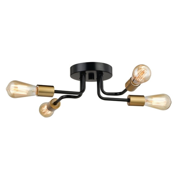 Rhine 15.75-in W LED Compatible Matte Black and Gold Brass Industrial Semi Flush Mount Ceiling Light Exposed Bulbs