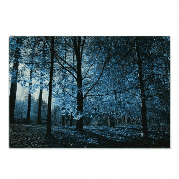Woodland Cutting Board, September Afternoon in Woodland Autumn Nature Picture Print, Decorative Tempered Glass Cutting and Serving Board, Small Size, Blue Black, by Ambesonne