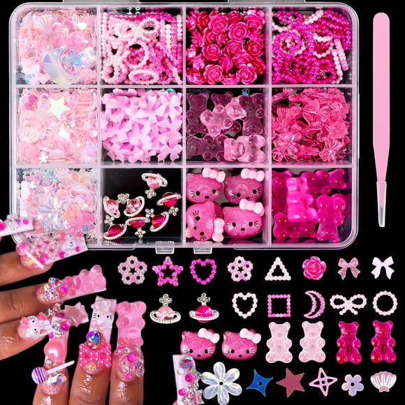 Set de colgantes para uñas Namifin 3D con forma de oso de gominola rosa y lazo con forma de mariposa