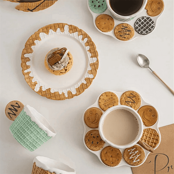 Cute Ceramic Office Dessert Plate,Brown & White,Brown Cookie Plate