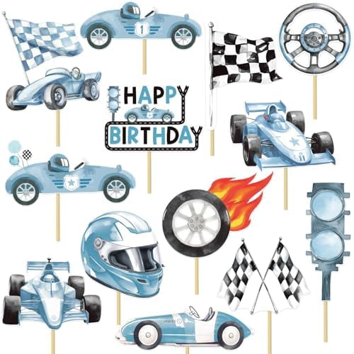 Race Car Birthday Centerpiece Sticks 19PCS Vintage Racing Car Birthday Table Decorations Blue Retro Racing Cars Table Toppers Racing Party Decor for Car Theme Baby Shower Supplies
