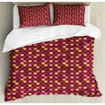 thumbnail image 1 of Fish Scale King Size Duvet Cover Set, Overlapping Arc Shapes Traditional Pattern with Modern Design Print, Decorative 3 Piece Bedding Set with 2 Pillow Shams, Maroon Pink and Yellow, by Ambesonne, 1 of 3