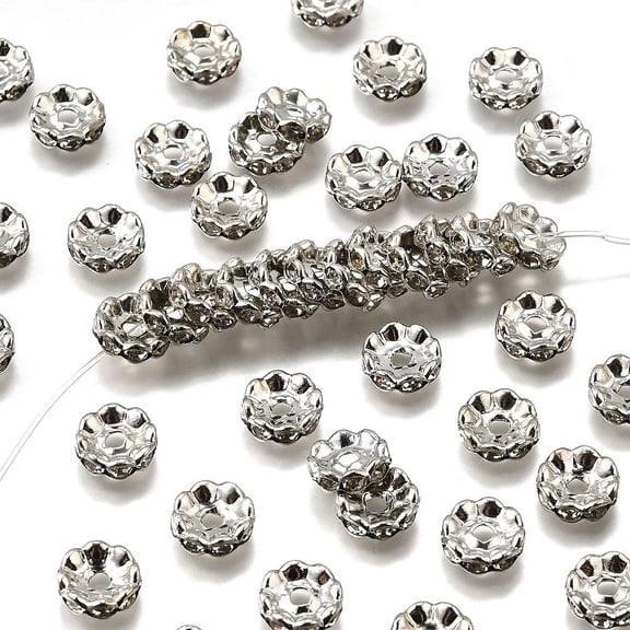 500pc Brass Rhinestone Spacer Beads Grade A Waves Edge Rondelle Platinum Color Clear Size: 10mm in diameter 4mm thick hole: 2mm