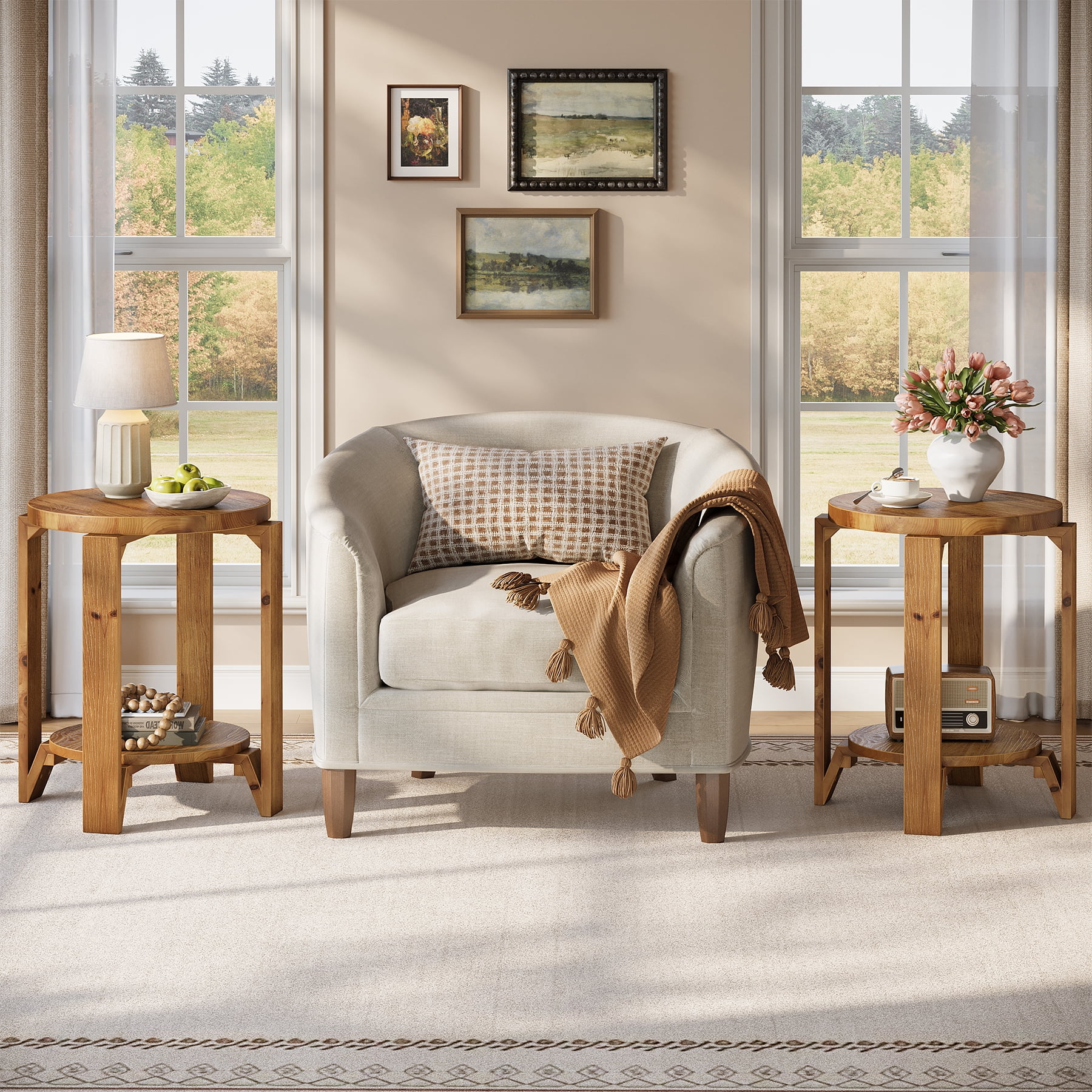 Finmind Solid Wood End Table, 19.69 Inch Round Sofa Side Table with Storage,  2-Tier  Farmhouse Wooden Nightstand for Living Room, Bedroom, Couch, Set of 2, Brown