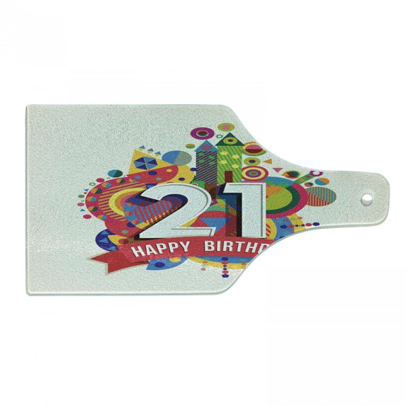 21st Birthday Cutting Board, Colorful Design Happy Birthday Themed Image with Geometrical Castle Print, Tempered Glass Cutting and Serving Board, Wine Bottle Shape, Multicolor, by Ambesonne
