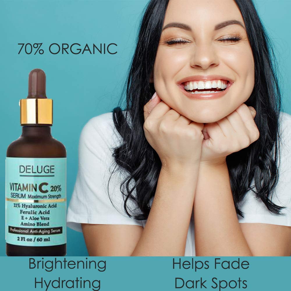 Deluge Vitamin C Face Serum with Aloe, Hyaluronic Acid, Vitamin E, & Ferulic Acid – Brightening & Collagen Boosting Formula (2 FL oz)