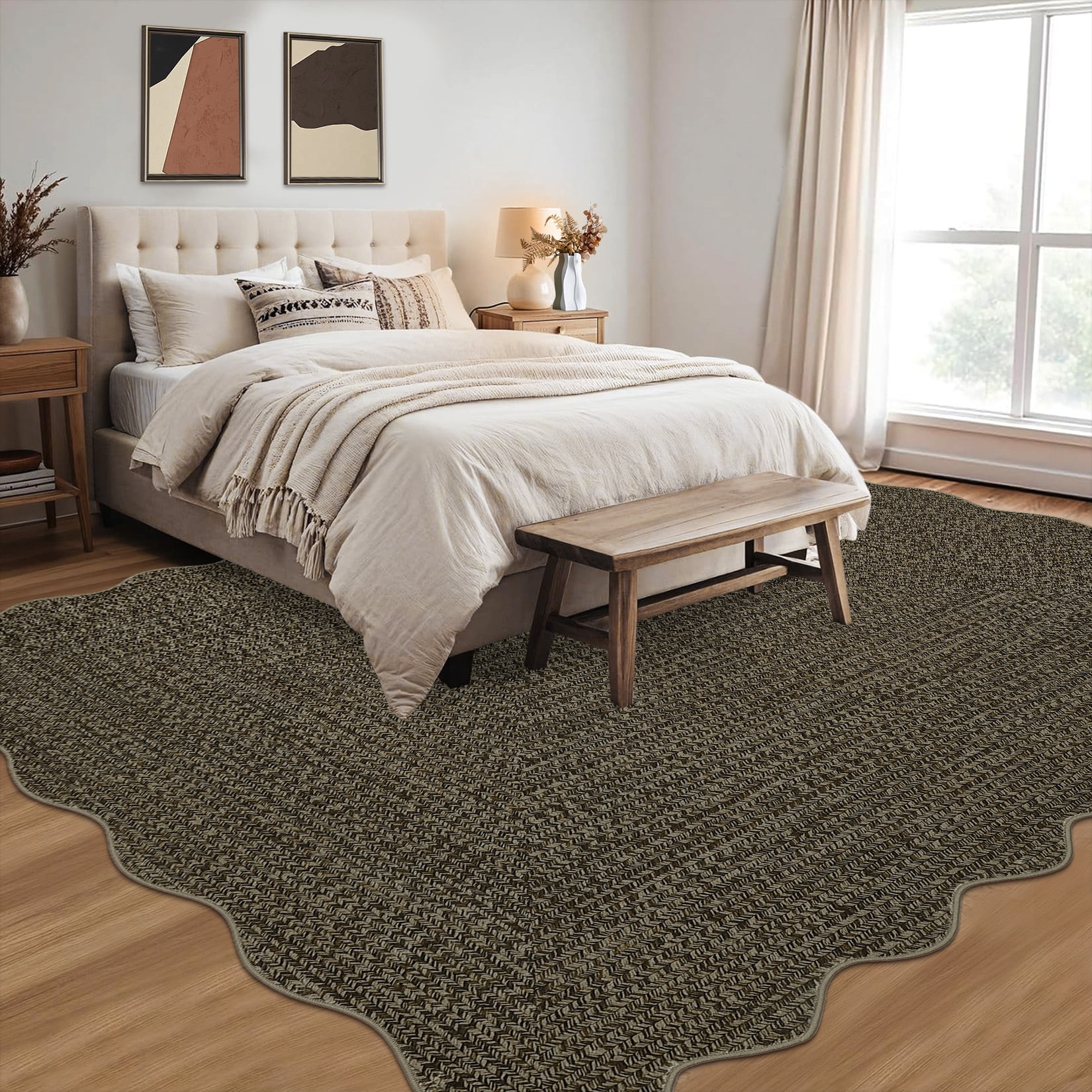 Garvee 8'x10' Scalloped Rug Farmhouse Braided Print Carpet, Washable Rug Soft Non Slip Low Pile Rug Indoor Neutral Carpet for Living Room Bedroom Dining Room, Brown