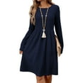 thumbnail image 3 of Women's Casual Sweater Dress Crew Neck Knit Long Sleeve Dress A-Line Knee Length Fall Winter Dress Dark Blue M, 3 of 7