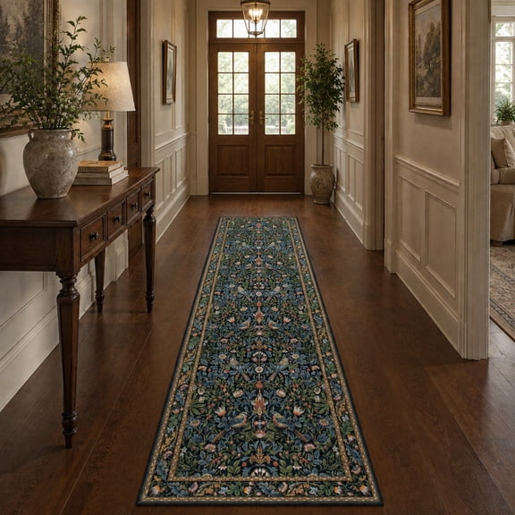 Moynesa 2' x 6' Runner Rug for Hallway, Washable Non Slip Vintage Floral Bird Rug, Soft Botanical Kitchen Runner Rug, Low Pile Area Rug for Entryway Bedroom Bathroom Laundry Room, Green