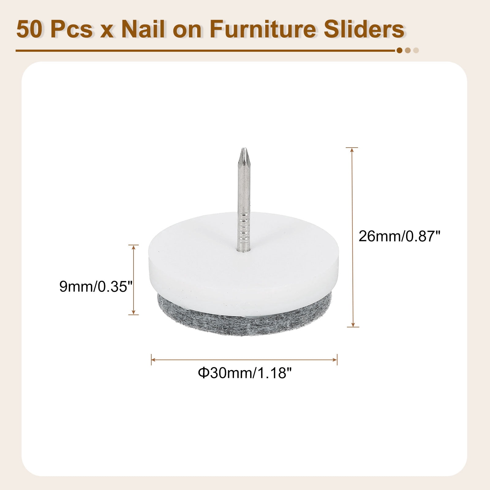 Nail-on Furniture Sliders, 50Pack Nail-on Felt Pads Round Chair Table Feet Pads Chair Leg Floor Protectors for Hardwood Floors (White, 30mm/1.18")