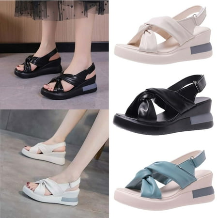 

Cethrio Women s Platform Footbed Sandals- Roman Fish Mouth Platform Comfy Soles Velcro on Clearance Wide Width Beige Dressy Sandals/ Slides Size 5.5