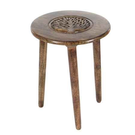 Carved Dark Wood Decmode 22 X 17 Inch Modern Round Mango Wood Tripod Accent Table With Carved Tree Design, Brown ()