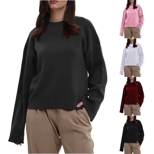 Top boho,Suéter de punto holgado para mujer, top informal de manga larga y cuello redondo, mezcla de poliéster, suave y cómodo, para usar en casa, sopatenor