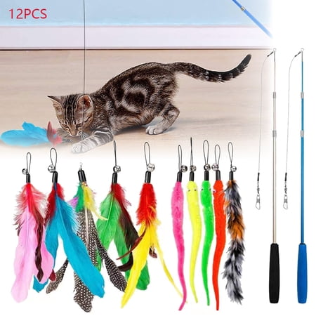 12Pcs Cat Toys Feather Toy, 2Pcs Retractable Cat Wand Toys and 10PCS Replacement Teaser with Bell Refills