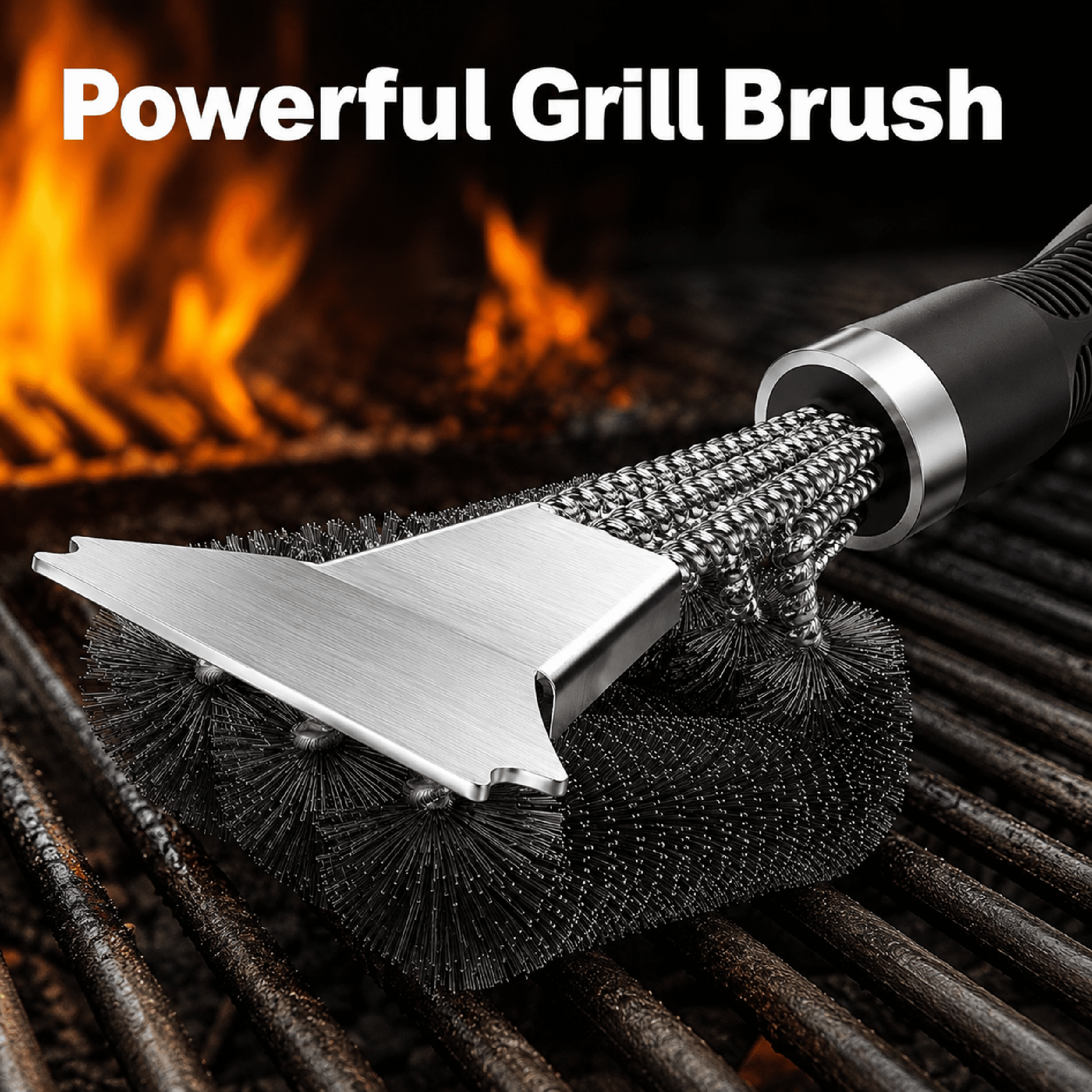 Grill Brush with Scraper, Triple Bristle BBQ Cleaner for Gas & Charcoal Grates