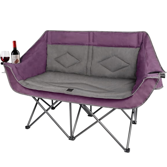 REKING Folding Loveseat Camping Chair, 2-Person with Cup & Wine Glass Holders, Carry Bag, Heavy Duty, Purple, for Camp, Hiking, Picnic, Beach