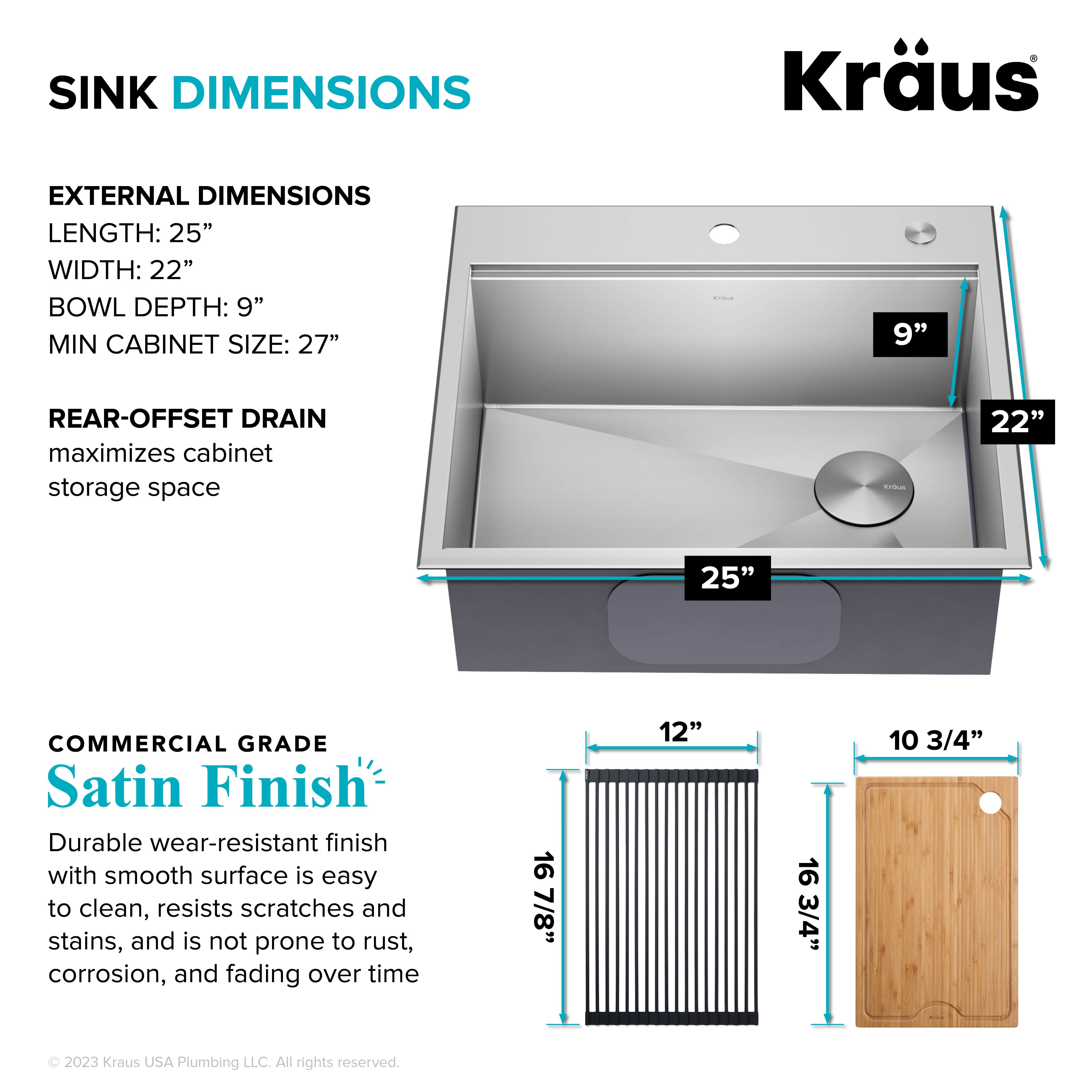 Kraus Kore Workstation 25-inch Drop-In or Undermount 16 Gauge Single Bowl  Stainless Steel Kitchen Sink with Accessories (Pack of 5)