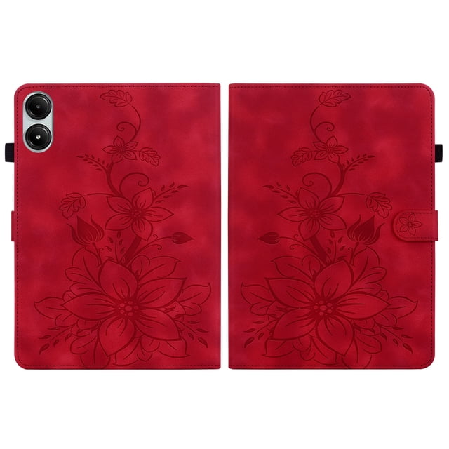 XYX Tablet Case for Redmi Pad Pro 12.1 inch 2024 Released, Lily Flower Pattern PU Leather Multiple Viewing Angles Stand Slim Folio Tablet Cover (Red)