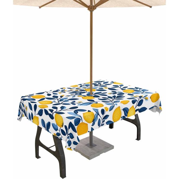 Outdoor Tablecloth with Umbrella Hole and Zipper Lemon Tablecloths 60x84 Waterproof Outside Table Cloths Floral Fruit Blue Leaf Patio Table Cloth Cover for Outdoor Tables Picnic Garden Party