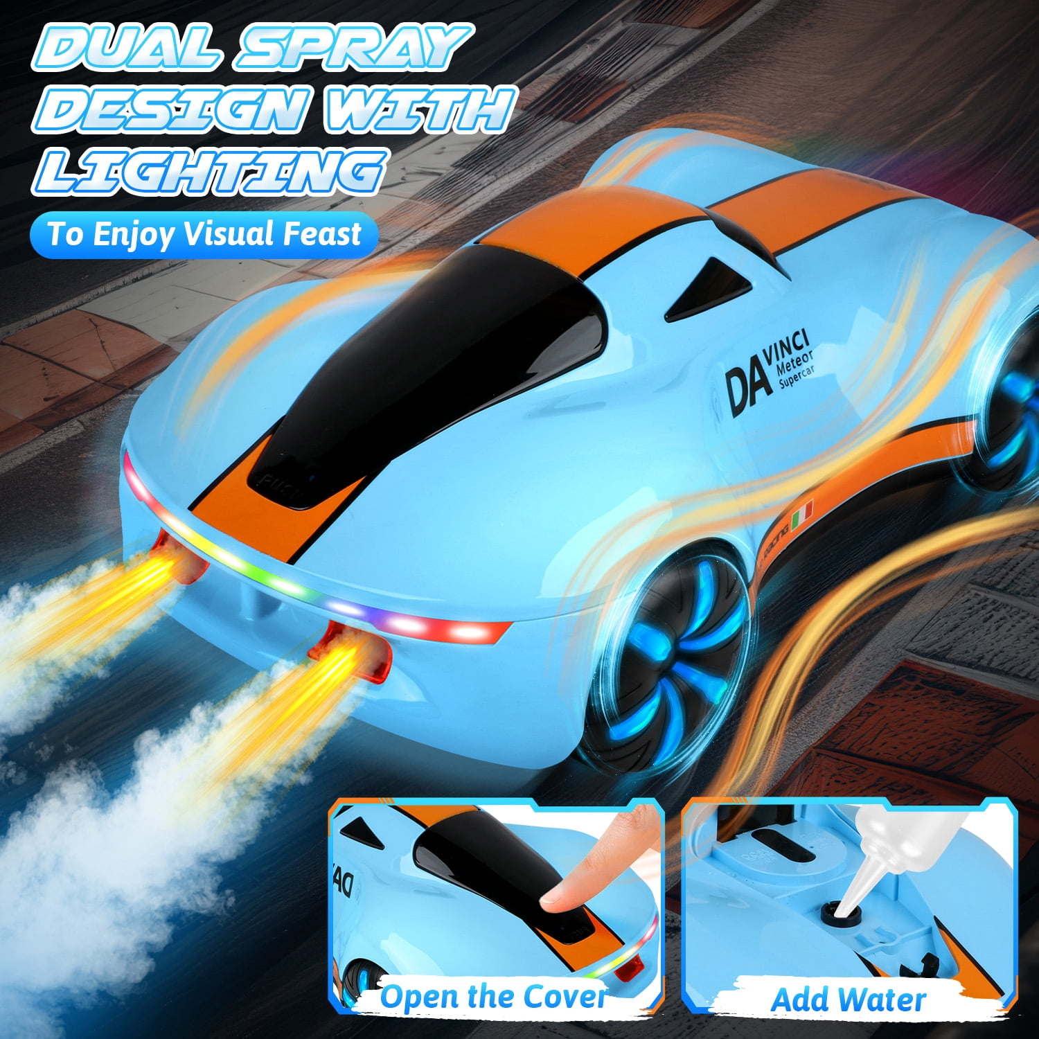 Huge Wave High Speed RC Car for Boys 4-12, 2.4GHz Drift Remote Control Car with Charging Station, Change Light, Dual Spray, 360° Rotate, Birthday Gifts for Kids, Blue