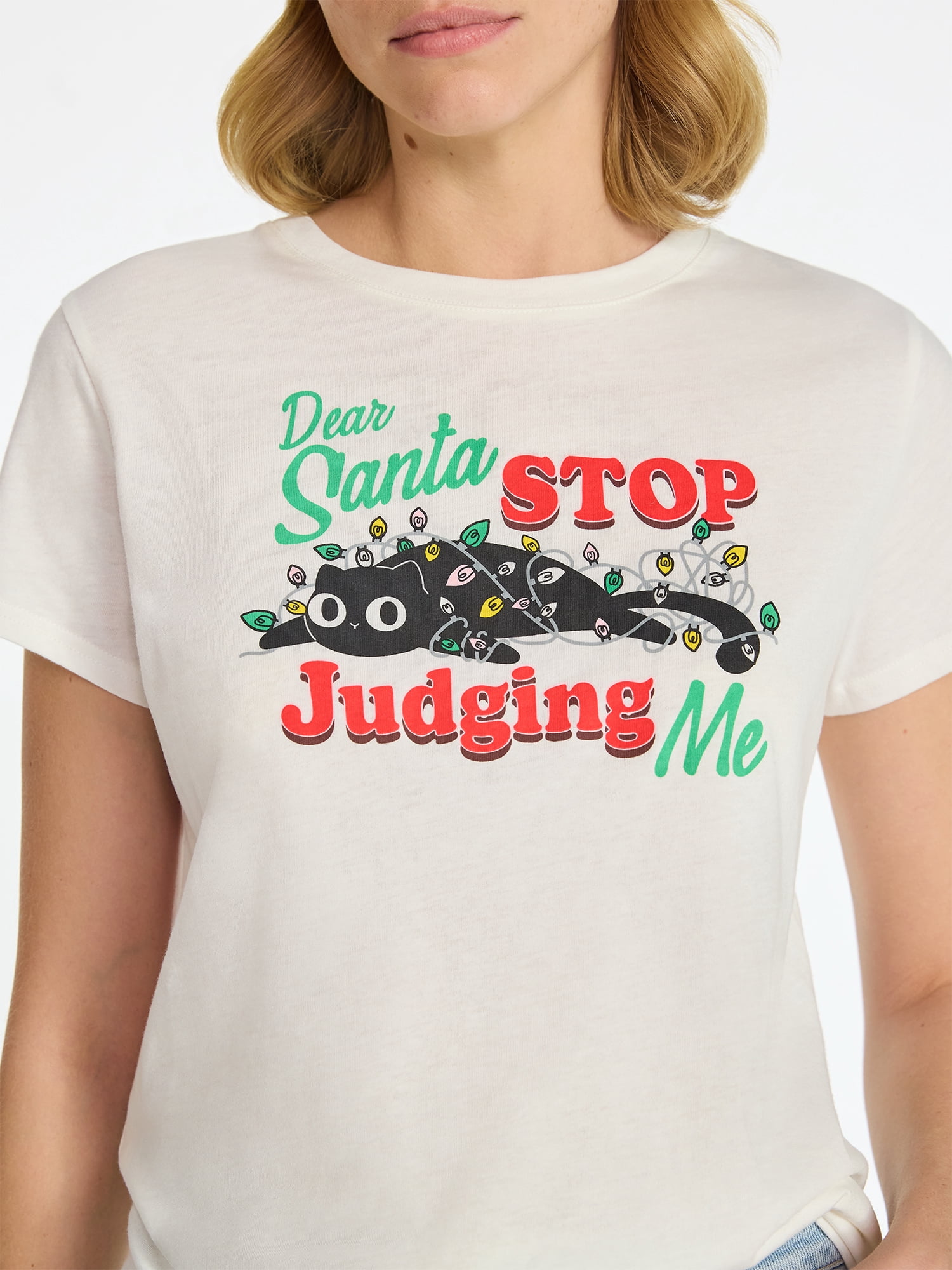 Christmas Women's Stop Judging Santa Graphic Tee with Short Sleeves, Sizes XXS-XXL