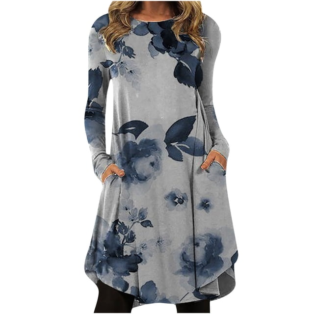 Fankiway Robe Longue Décontractée pour Femmes, Aguichant, Automne, Douce, Col Rond, Manches Longues, Formelle, Fleur, Irrégulière, Teinture sur Nœuds, Blocs de Couleur, Imprimée, Automne